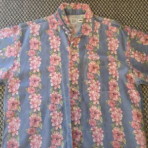 Vtg Y2K GAP Linen Hawaiian Shirt XL Blue Pink Hibiscus Floral